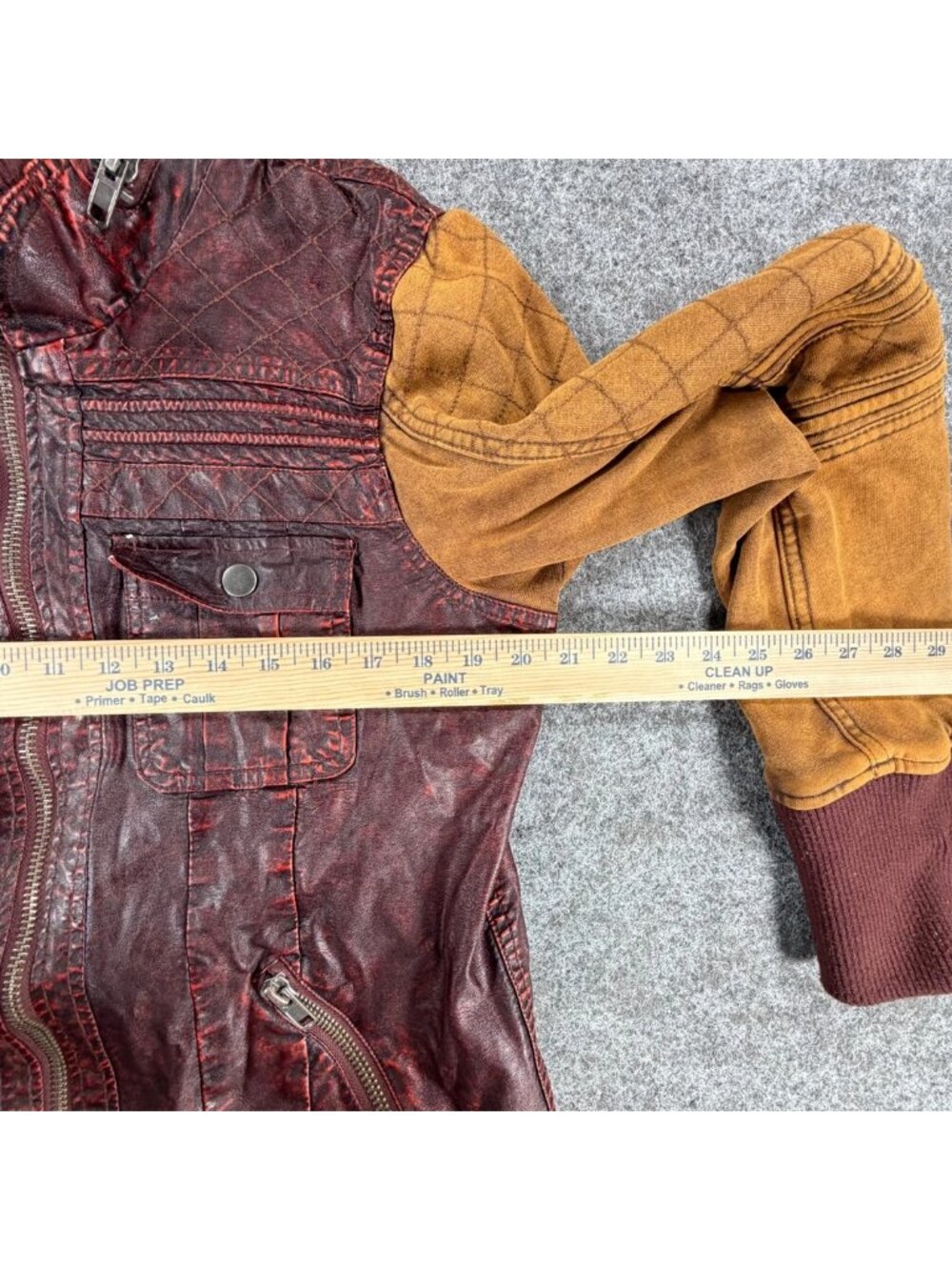 BKE Pieced Full-Zip Jacket Womens XL Burgundy Mustard Faux Leather Ribbed Trim - Picture 12 of 16